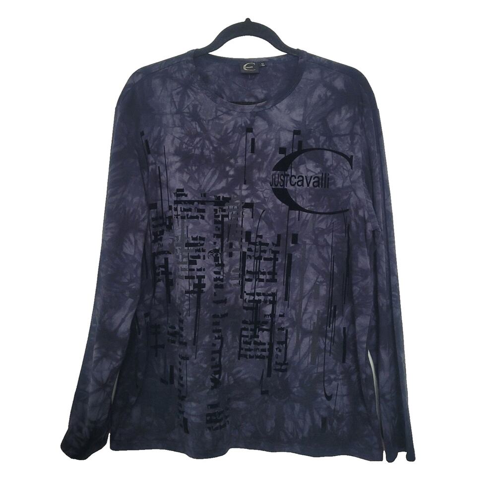 Y2k Just Cavalli Velvet Graphic Print Logo Tie Dye Long Sleeve Top Sz XL Grunge